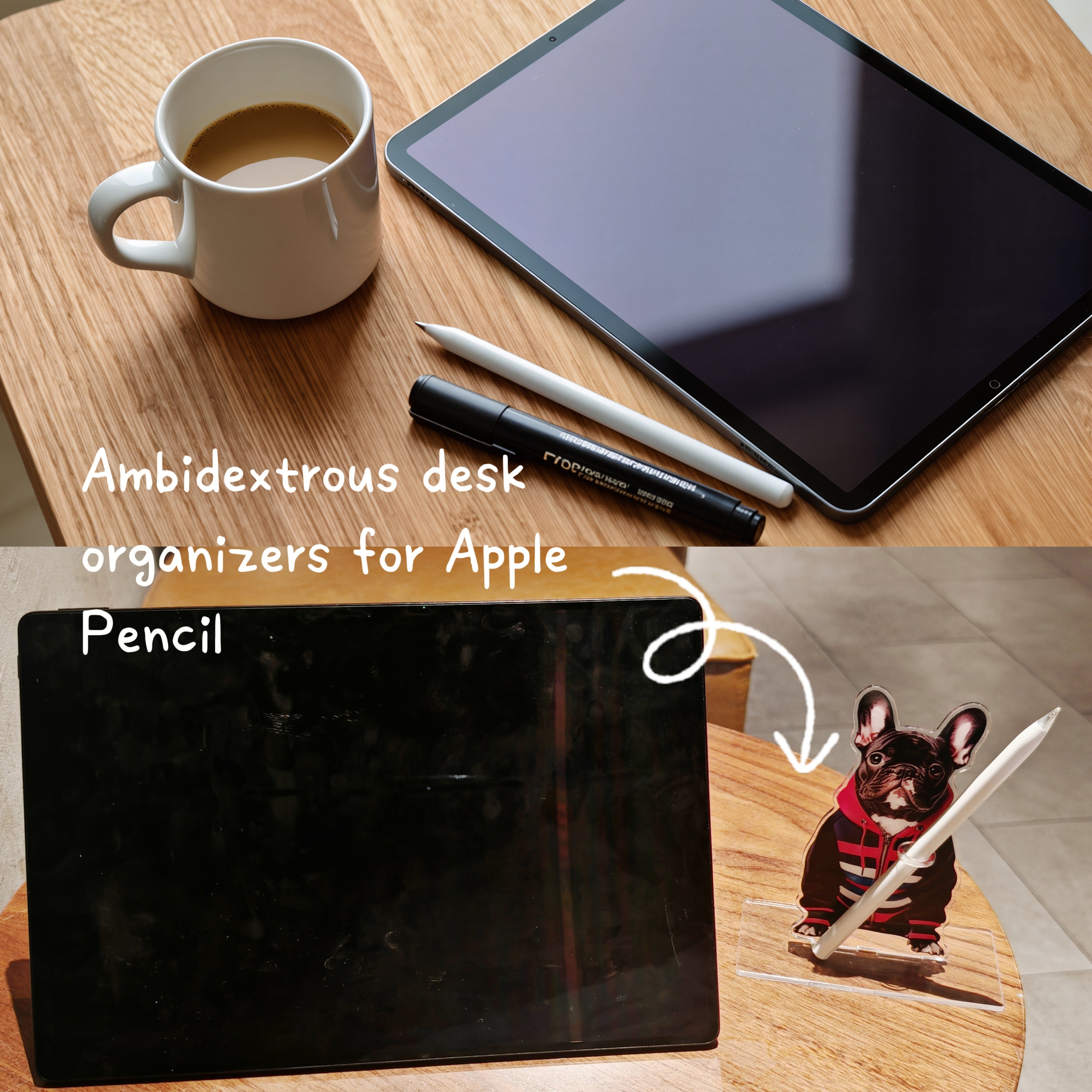 French Bulldog acrylic stand holding an Apple Pencil on a nurse's desk for medical e-charting