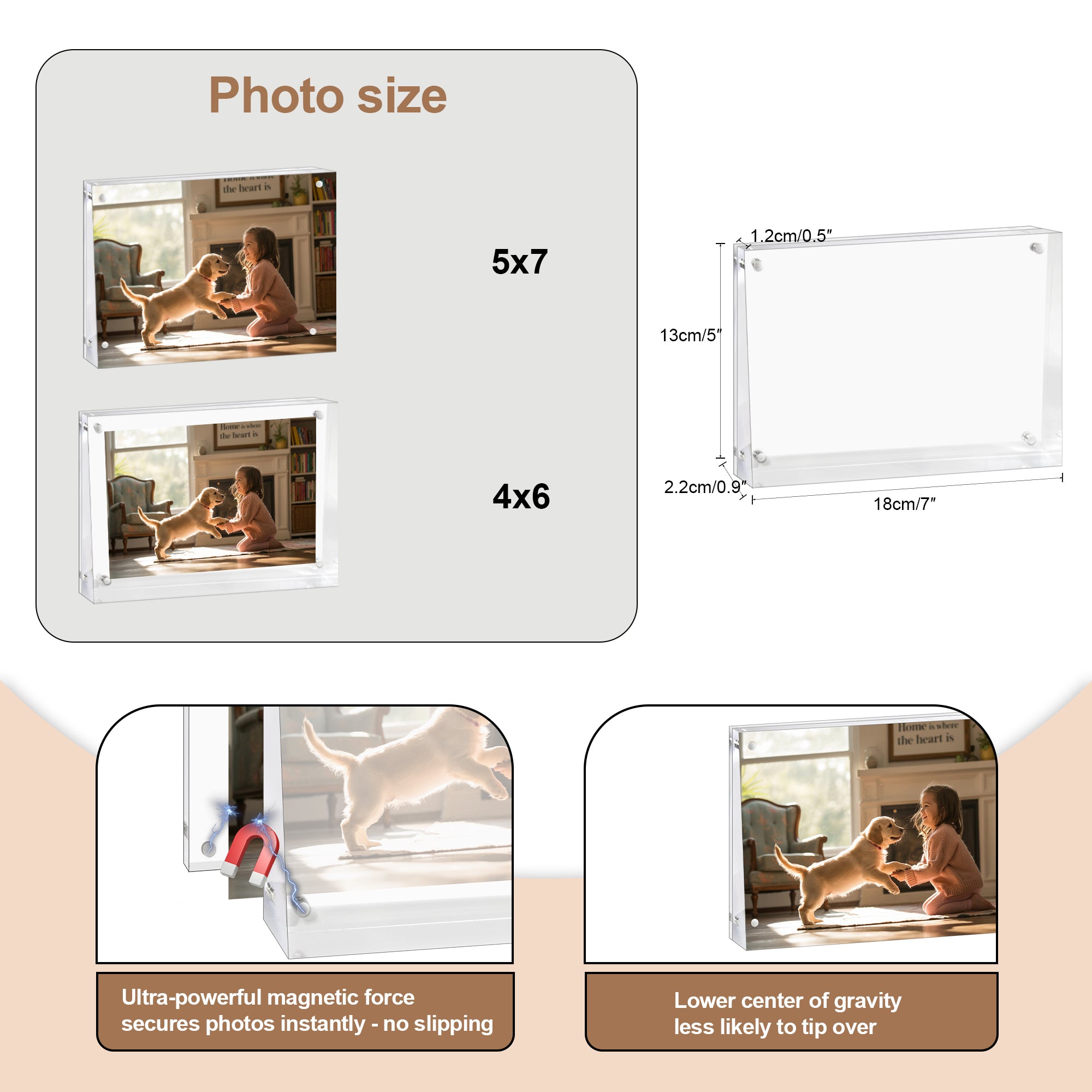 Size comparison of the 5x7 picture frame next to a smartphone for scale