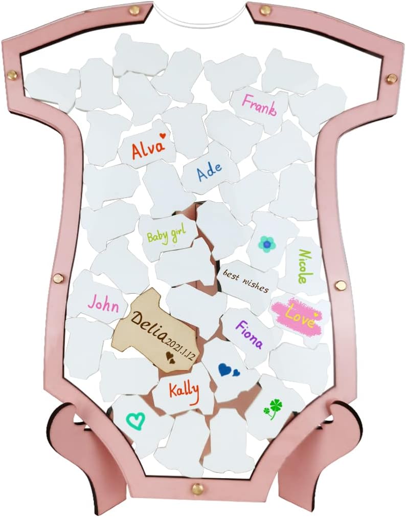 Wooden Pink Onesie Framed Guest Book Birthday Keepsake gift for Baby Girl Shower Decorations with 42pcs Wooden card