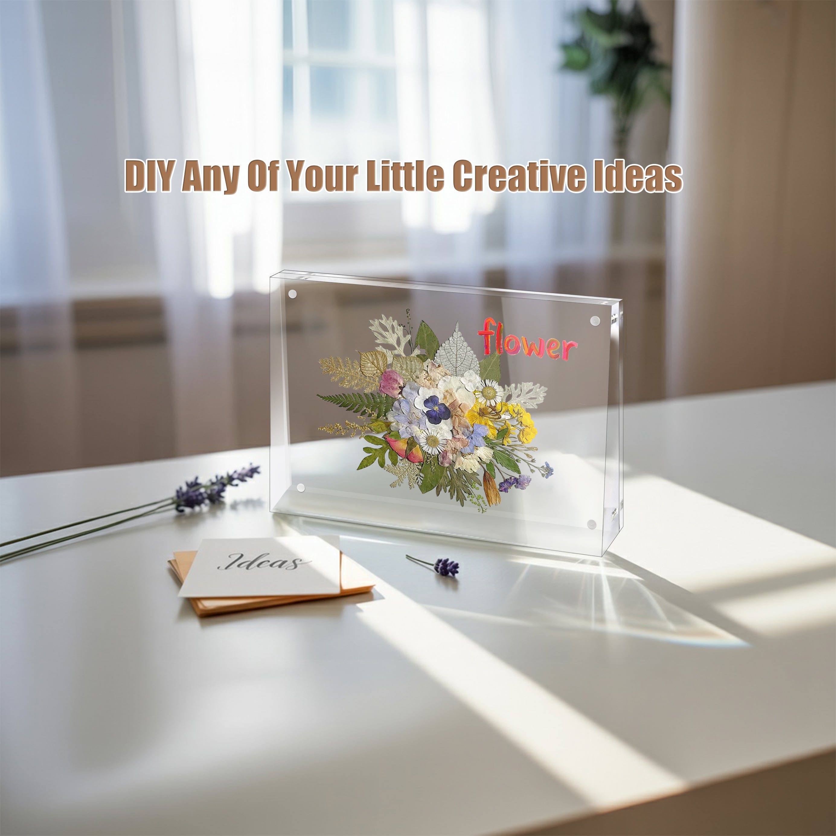 Modern acrylic desk frame holding a professional credential in a home office setting.