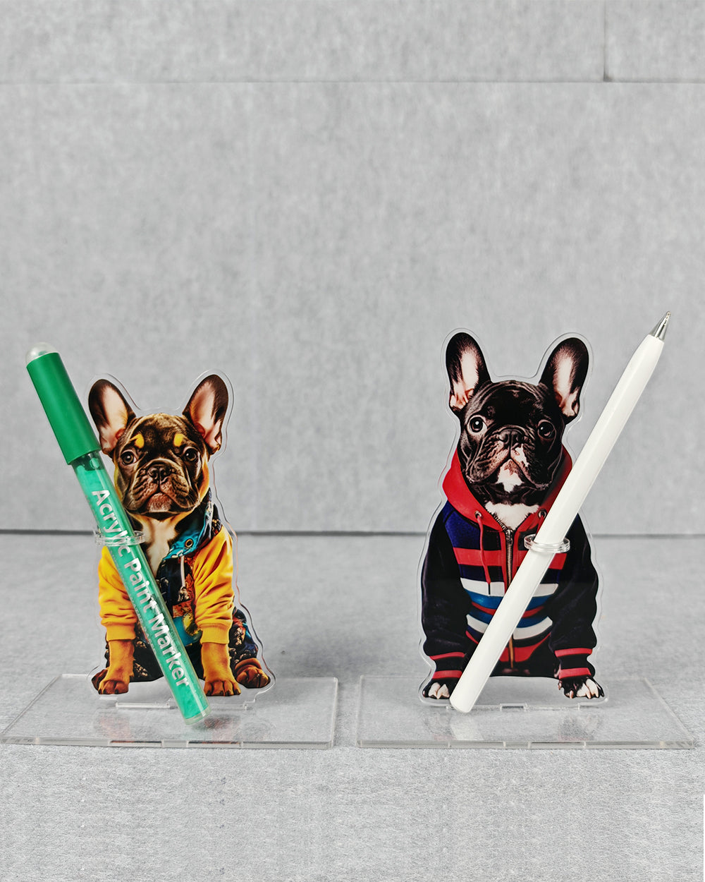 French Bulldog pen holder for Apple Pencil and stylus in black and brown on a desk