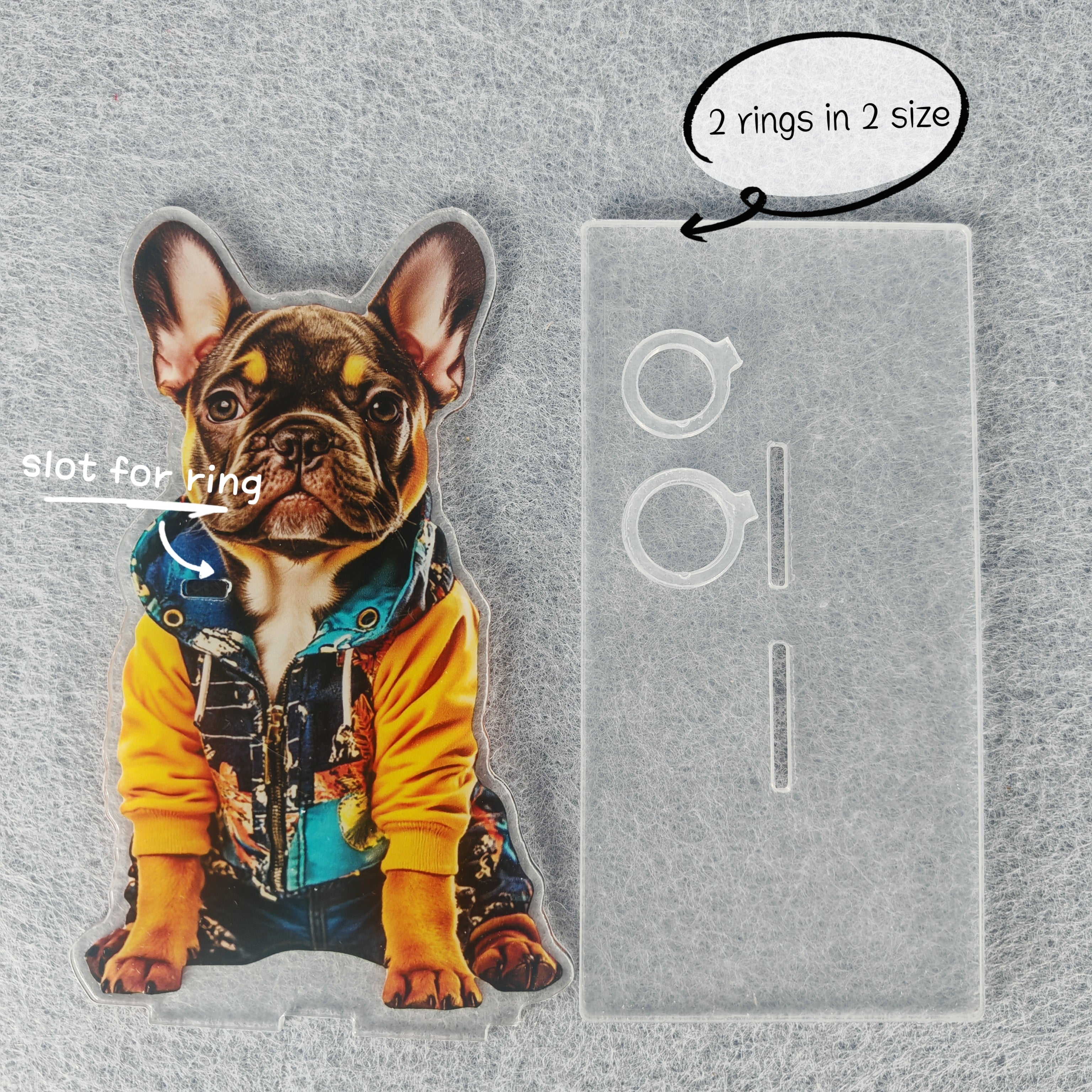 Gift-ready packaging for the French Bulldog desk accessory set includes a clear case