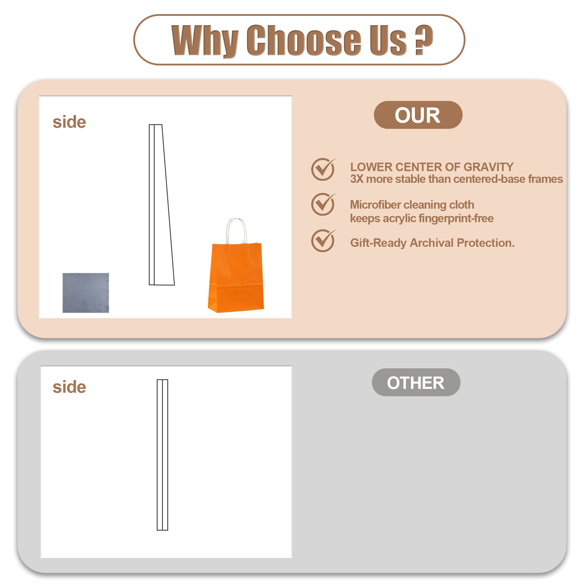 Gift-ready package for the magnetic frame including a luxury gift bag and cleaning cloth.